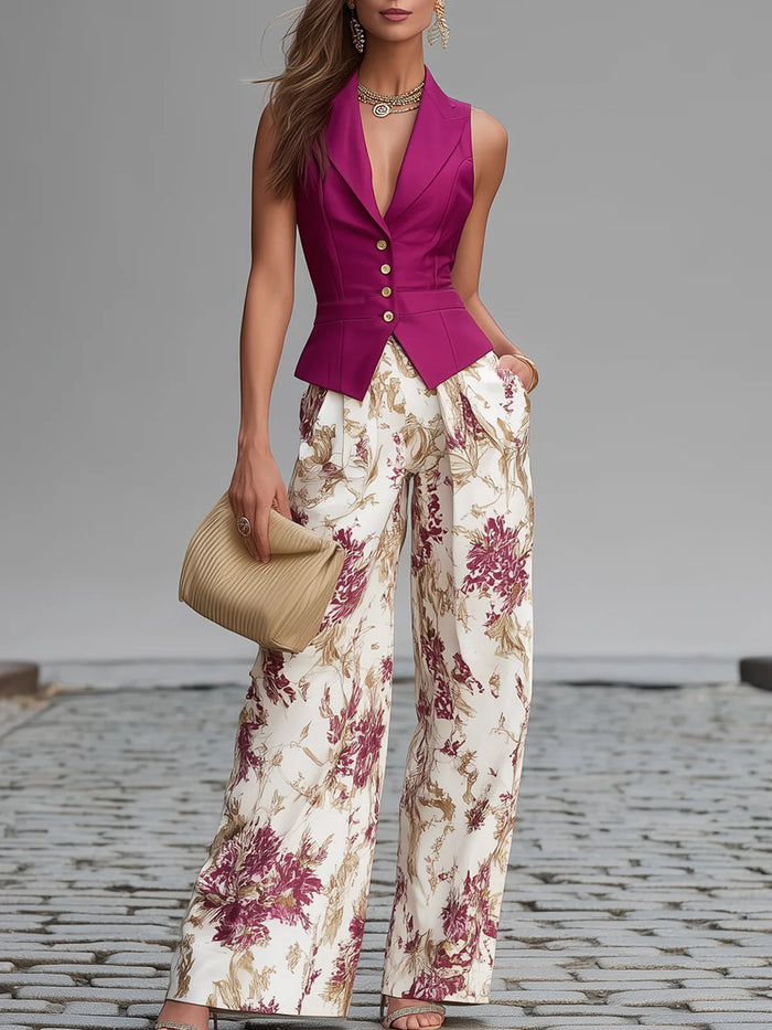 Set Gilet Rosa e Pantaloni Ampi a Fiori