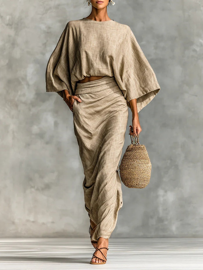 WILLOW | Set di Due Pezzi Beige con Top a Manica A Pipistrello e Gonna Lunga per un'Eleganza Senza Sforzo