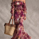 Abito Maxi in Chiffon Rosa Cipria con Fiori Off-Shoulder