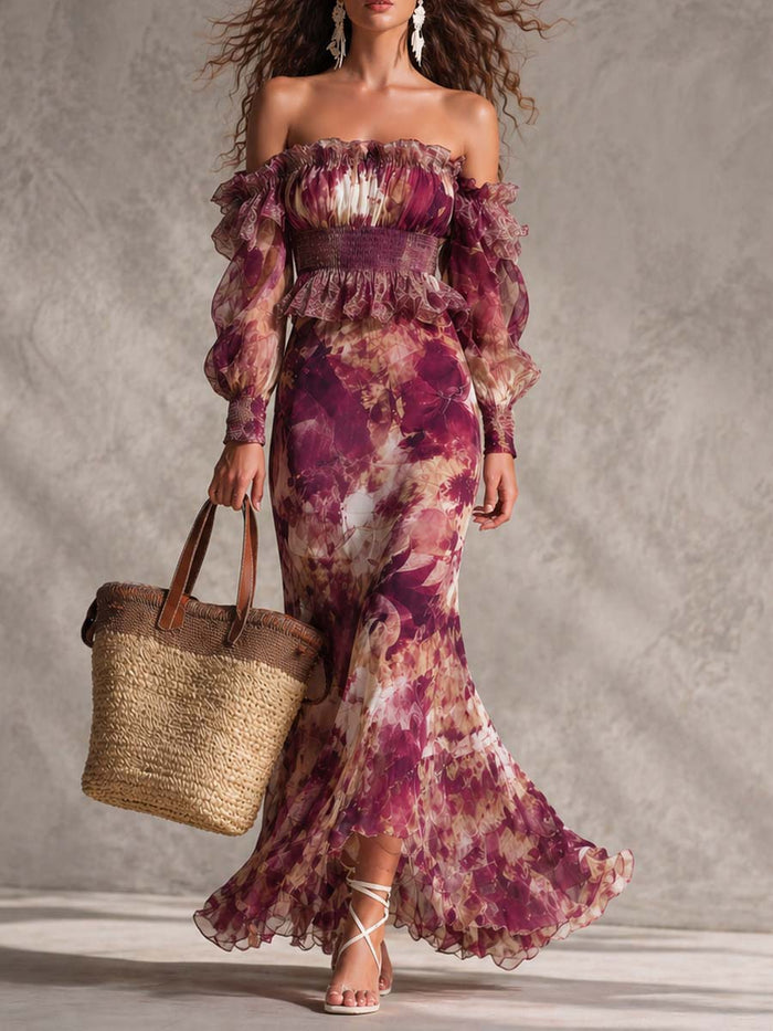 Abito Maxi in Chiffon Rosa Cipria con Fiori Off-Shoulder