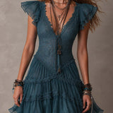 Mini Abito Ruffle in Pizzo e Chiffon Blu Retro