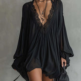 Abito Mini Halter in Chiffon Nero con Collo in Pizzo