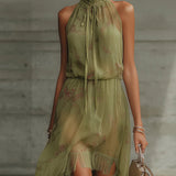 Abito Mini in Chiffon con Vita a Nastro Verde