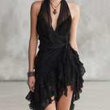 Abito Mini Ruffle in Pizzo con Scollo Halter Nero