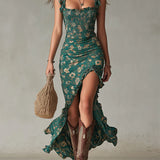 Abito Maxi Stampato Verde Bohemien con Maniche Ruffle