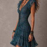 Mini Abito Ruffle in Pizzo e Chiffon Blu Retro
