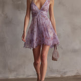 Abito Mini in Chiffon Ruffled Floreale Viola Retro