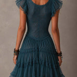 Mini Abito Ruffle in Pizzo e Chiffon Blu Retro