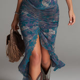 Abito Midi Floreale Blu con Rifiniture in Pizzo