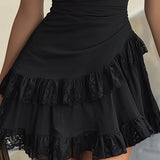 Abito Mini con Rouches in Pizzo Nero e Scollatura a V