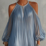 Abito Mini Blu Off-Shoulder Arricciato con Orlo in Pizzo