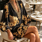 Abito Mini V-Neck Barocco Retro Nero