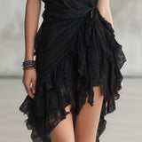 Abito Mini Ruffle in Pizzo con Scollo Halter Nero