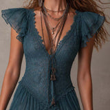 Mini Abito Ruffle in Pizzo e Chiffon Blu Retro