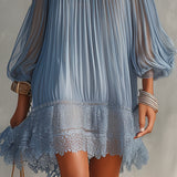 Abito Mini Blu Off-Shoulder Arricciato con Orlo in Pizzo