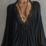 Abito Mini Halter in Chiffon Nero con Collo in Pizzo