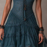 Mini Abito Ruffle in Pizzo e Chiffon Blu Retro