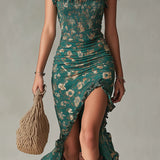 Abito Maxi Stampato Verde Bohemien con Maniche Ruffle