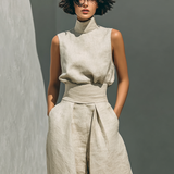 Set minimalista da donna in cotone e lino con blusa senza maniche e pantaloni a gamba larga