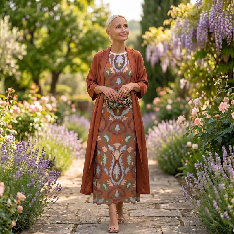 Daniela - Abito lungo a fiori con gilet aderente