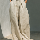 Set minimalista da donna in cotone e lino con blusa senza maniche e pantaloni a gamba larga