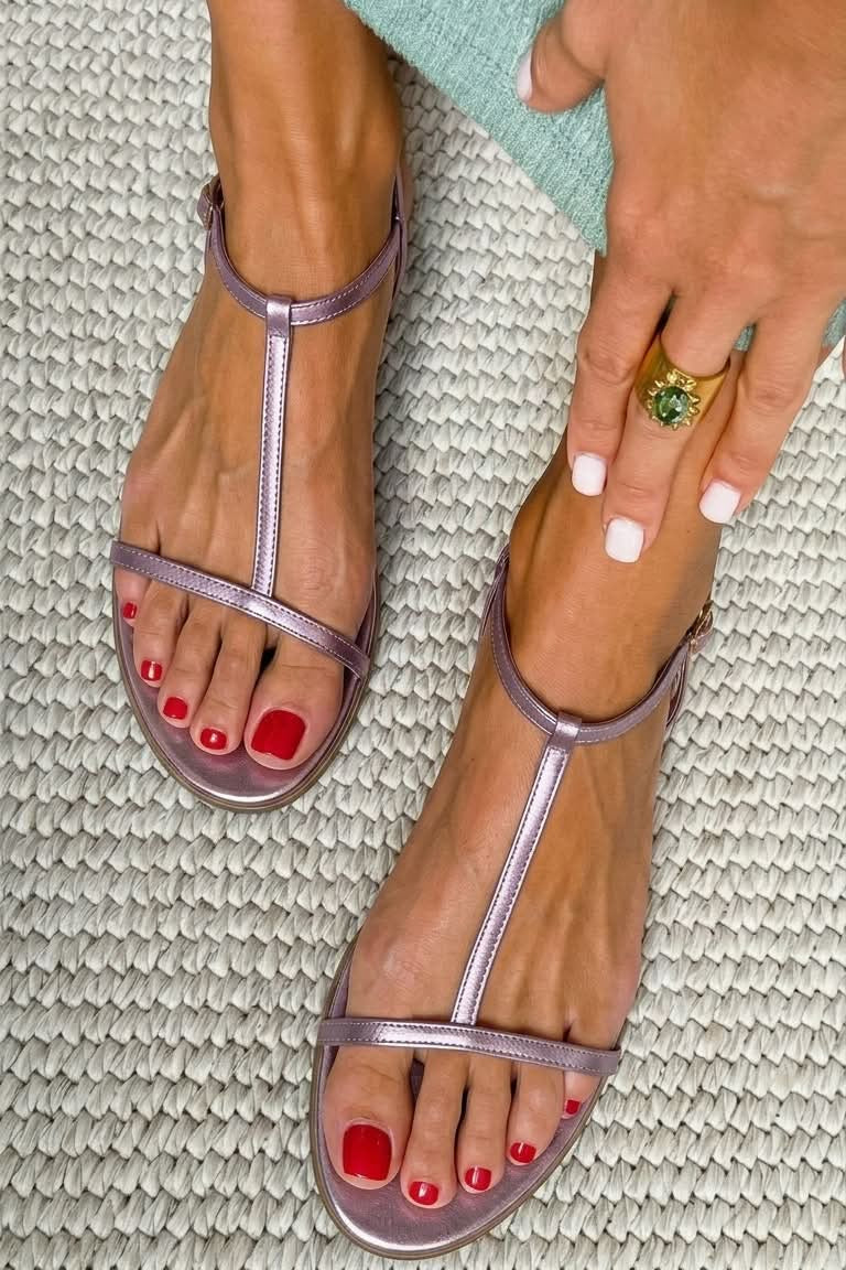 SCARLETT | Sandali Piani Metallici con Cinturino a T