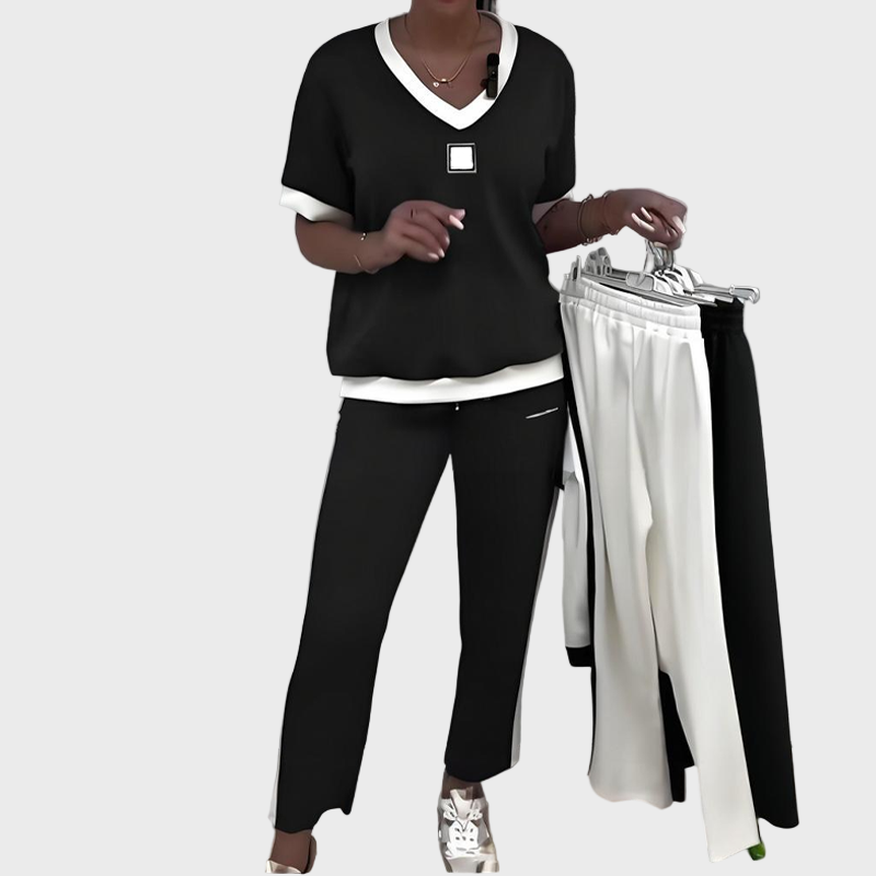 Cristina - Completo casual da donna con top e pantaloni con scollo a V