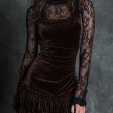 Abito mini plissettato in pizzo vellutato chocolate goth
