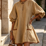 Abito Mini Oversize in Lino Khaki con Maniche a Palloncino e Tasche