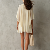 Abito Mini in Chiffon Beige con Maniche a Cappuccio per Donna