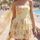 Abito A-Line Giallo Floreale Senza Spalline con Scarf in Chiffon