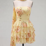 Abito A-Line Giallo Floreale Senza Spalline con Scarf in Chiffon