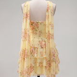 Abito A-Line Giallo Floreale Senza Spalline con Scarf in Chiffon