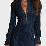 Gelsomina - Mini abito blu in scamosciato con pizzo