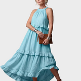 Katia - Abito lungo con collo all'americana e balze