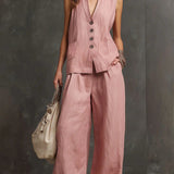 Completo a Due Pezzi in Cotone e Lino con Gilet Senza Maniche e Pantaloni a Gamba Larga