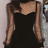 Vestito Mini in Velluto Nero con Maniche Trasparenti a Pois