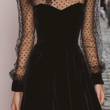 Vestito Mini in Velluto Nero con Maniche Trasparenti a Pois