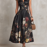 Abito Midi in Satin Pieghettato con Collo a Chiave Nera