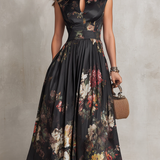 Abito Midi in Satin Pieghettato con Collo a Chiave Nera