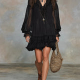 Abito Mini in Chiffon Nero con Maniche a Lanternina e Volant