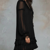 Abito Mini in Chiffon Nero con Maniche a Lanternina e Volant