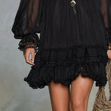 Abito Mini in Chiffon Nero con Maniche a Lanternina e Volant