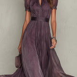 Abito Maxi in Chiffon con Collo a Fessura Viola