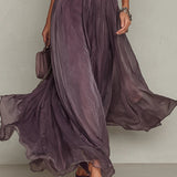Flavia | Abito lungo viola con scollatura a chiave, bordo in pizzo di chiffon
