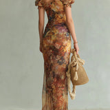 Abito Maxi in Chiffon Arancione Stampa ad Olio