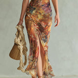 Abito Maxi in Chiffon Arancione Stampa ad Olio