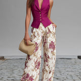 Set Gilet Rosa e Pantaloni Ampi a Fiori