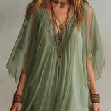 Abito Mini Fluttuante in Chiffon Verde con Scollo a V