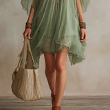 Abito Mini Flowy in Chiffon Verde con Scollatura a V
